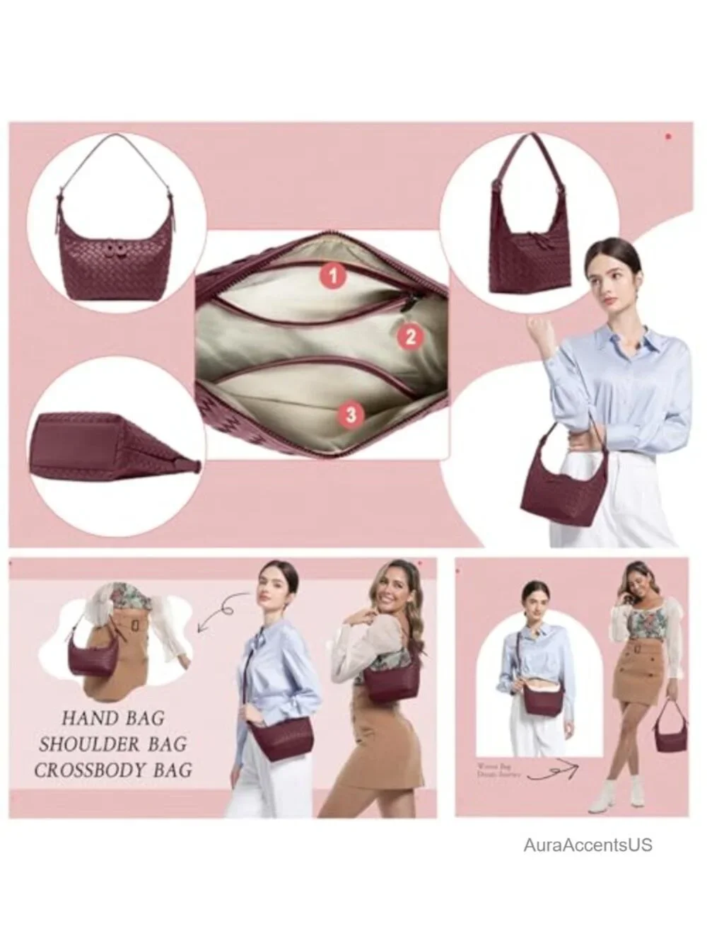 Woven Hobo Crescent Shoulder Crossbody Bag with Adjustable Strap